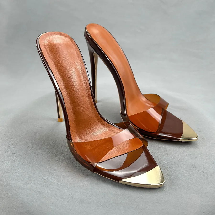 Fashion Transparent Summer 12cm Sexy Pointy Toe Party Sandals for Women High Heel Ladies Simple Half Slippers Wedding shoes