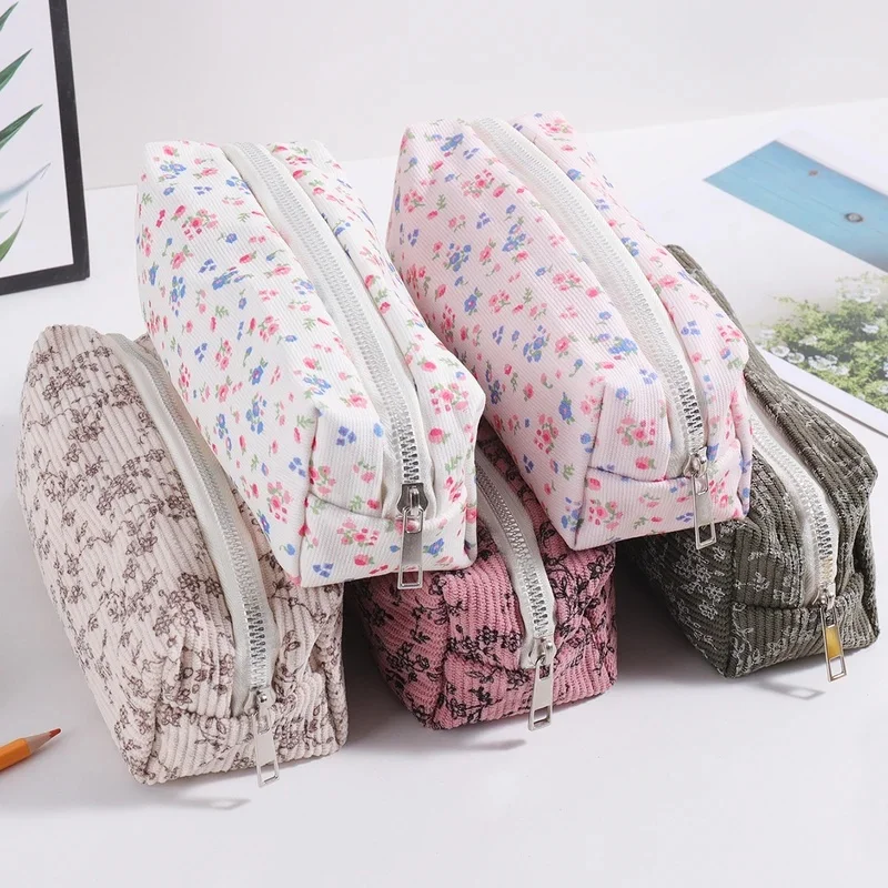 Vintage Floral Pencil Case Large Opening Zipper Pen Pouch Portable School Stationery Storage Organizer For Study Office Travel