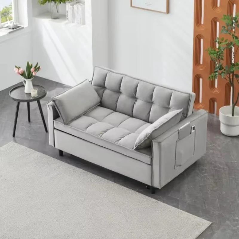 Modern velvet three-in-one convertible sofa bed with pillows and side pockets, suitable for living room apartments, can be used