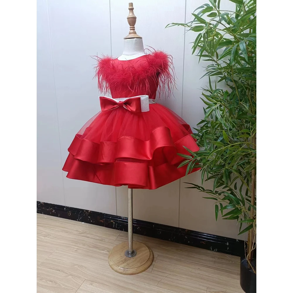 Red Scoop Flower Girls Dresses with Soft Tulle Sleeveless Real Picture Knee Length Christmas Dresses 2024 فستان عيد الميلاد New