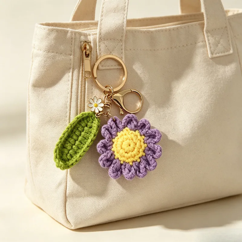 Niedlicher Gehäkelter Gänseblümchen-Schlüsselanhänger Handgemachter Gewebter Mini-Blumenanhänger Gestrickter Blumen-Schlüsselring Taschendekoration Liebevolles Geschenk – Detail 2
