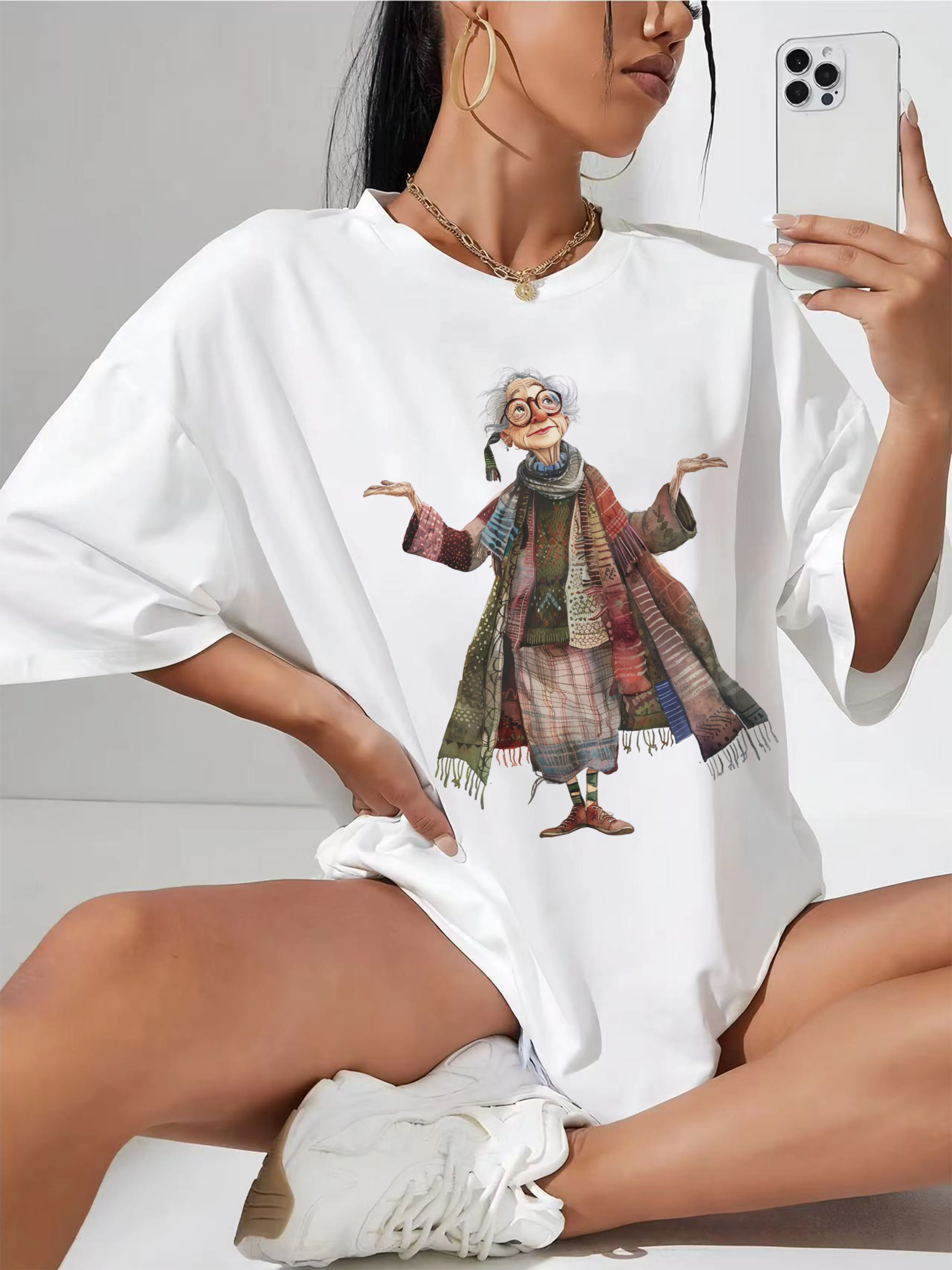 

Quirky-Whimsical-Crazy-Grandma-Clipart Casual White T-Shirt for Women Trendy Loose Fit Ideal for girls Everyday Wear