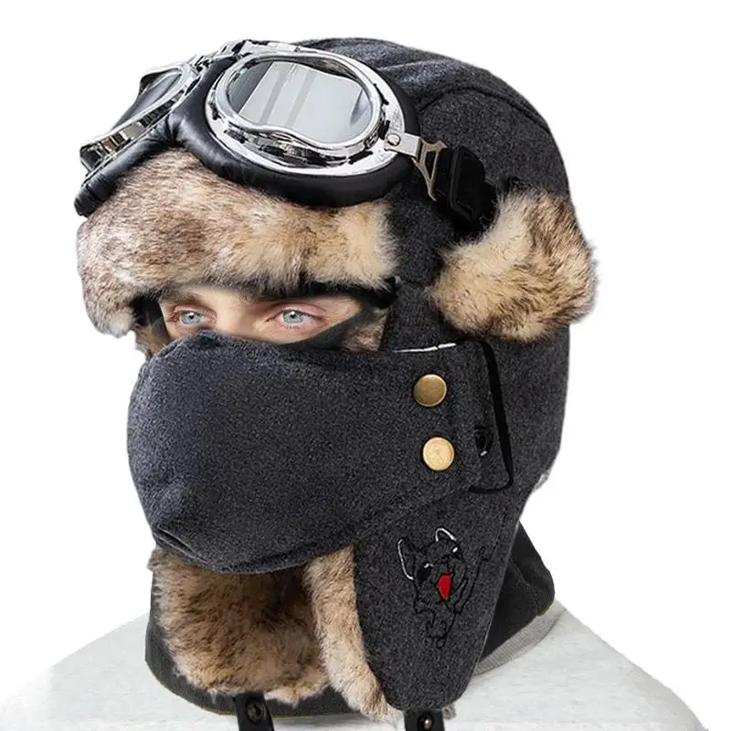 Winter Trapper Hat Cold Weather Unisex Warm Earflap Hat Fashionable Pilot Hat With Goggles Earmuffs Face Cover For Women Men