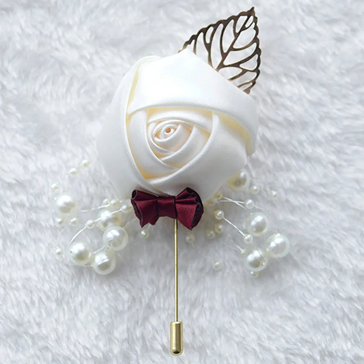 1 Piece Wedding Groom Men's Rose Boutonniere, Gold Leaf Pearl Bow Tie, Men's and Women's Wedding Brooch Flower, Groom and Groomsman Suit Decoration Accessory, Rose Lapel Pin, Wedding Holiday Party Decoration Lapel Pin, Suit Lapel Pin, Welcome Lapel Flower, Wedding Ball Dinner Decoration Boutonniere view 2