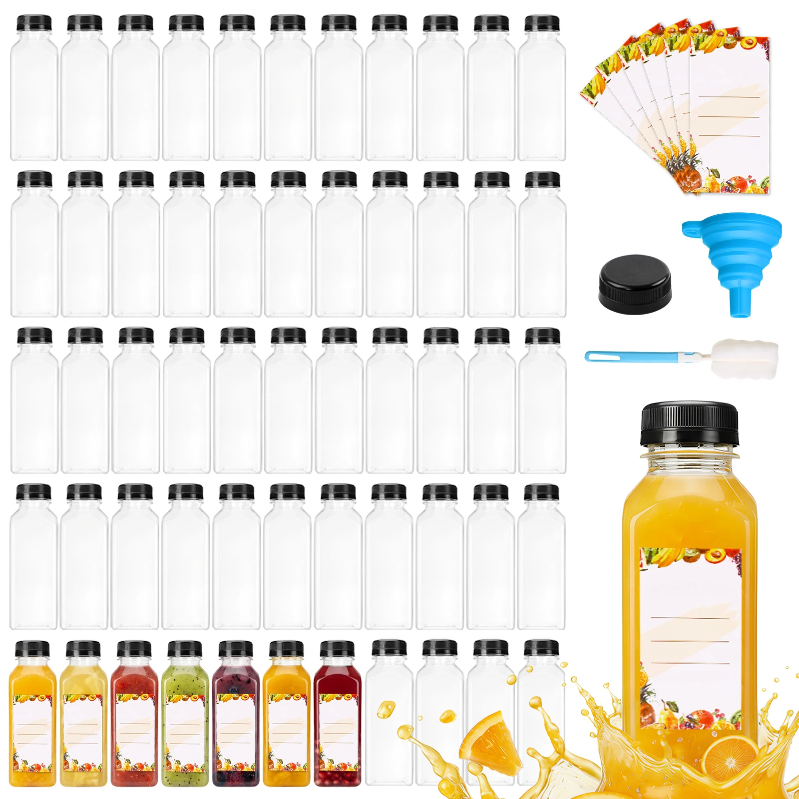 SGHUO 36-200pcs 12oz Juice Bottles, Plastic Bottles with Lids, Reusable Clear Containers with Labels, Funnel, Brush for Juices, Milk, Smoothie and Other Beverages