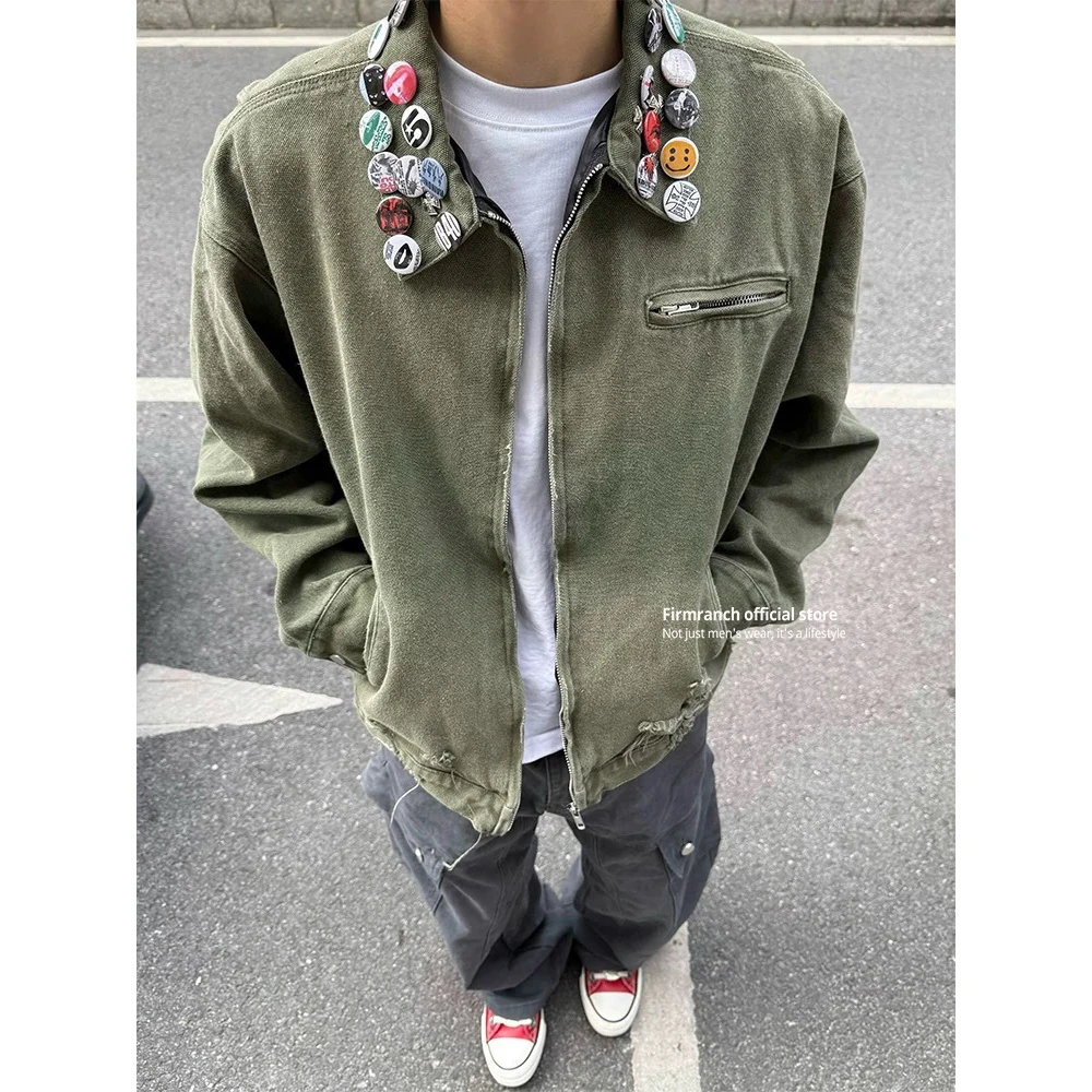 

Firmranch New American Streetwear Retro Badge Decoration Worker Jacket For Men Women Loose Vintage Distressed Cargo Coat