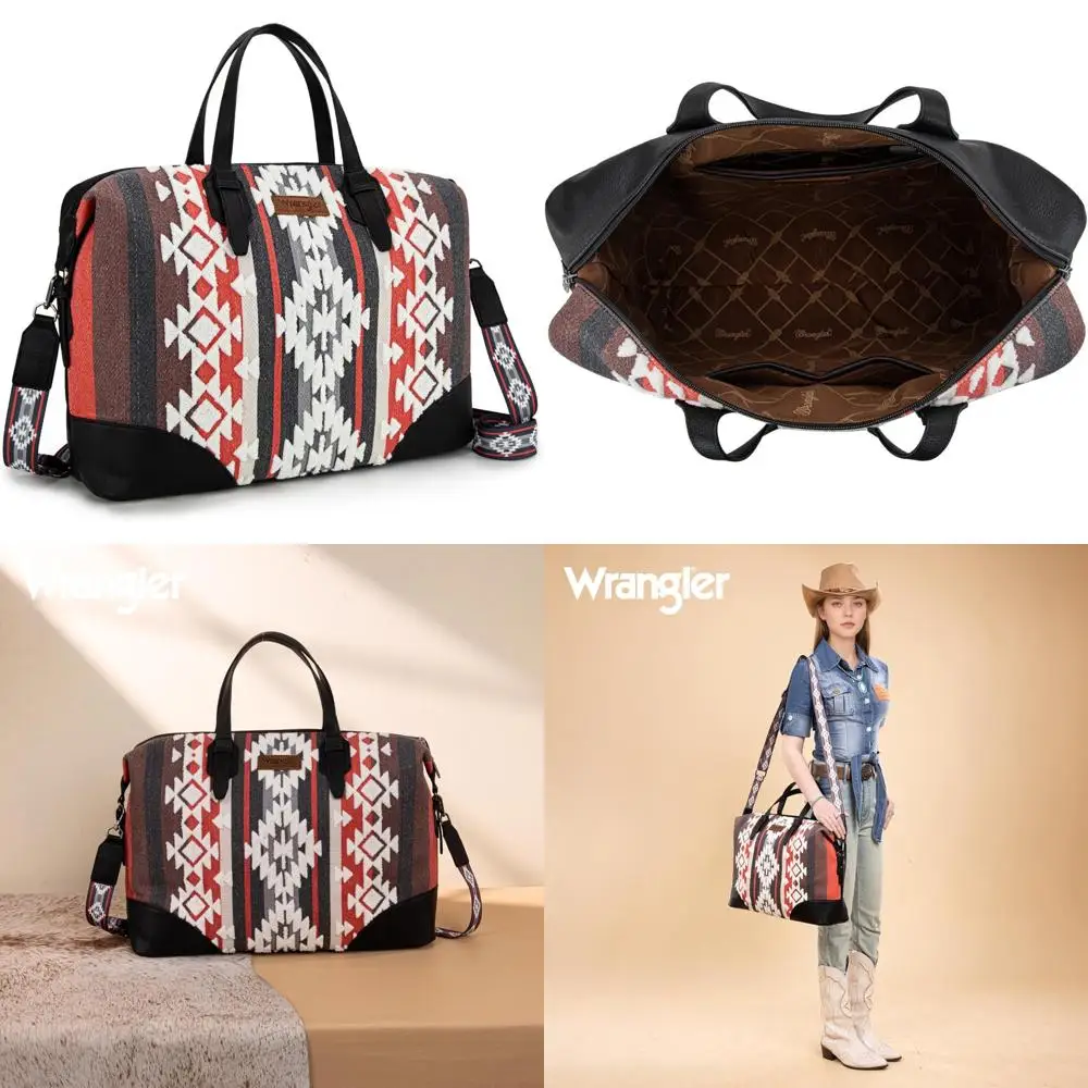 حقيبة من القماش الخشن للسيدات بنمط أزتيك للسفر في عطلة نهاية الأسبوع باللون الأسود