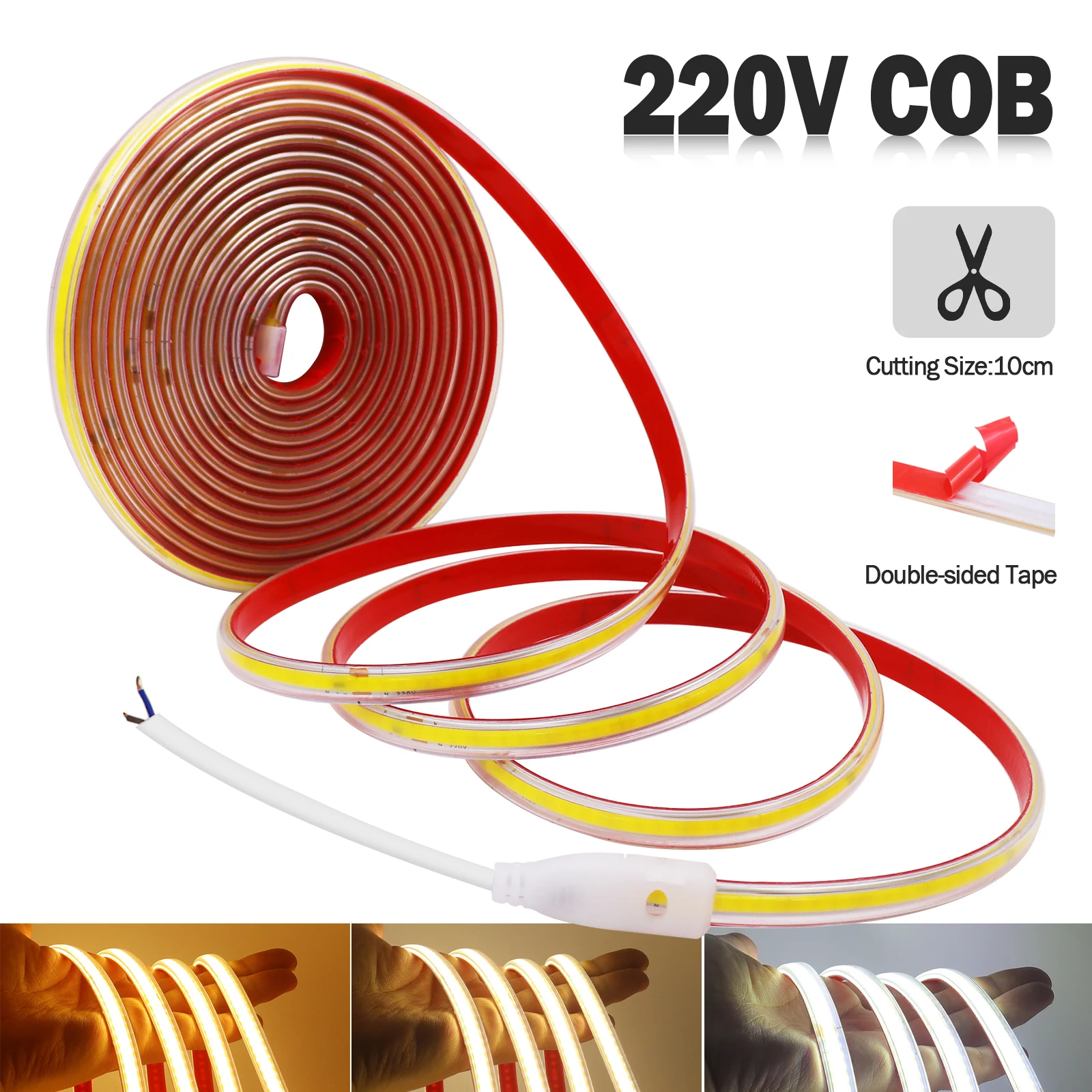 

AC 220V COB Strip 240Leds/M IP65 Waterproof Adhesive Flexible Ribbon Built-in Rectifier IC LED Lights for Room Outdoor Lighting