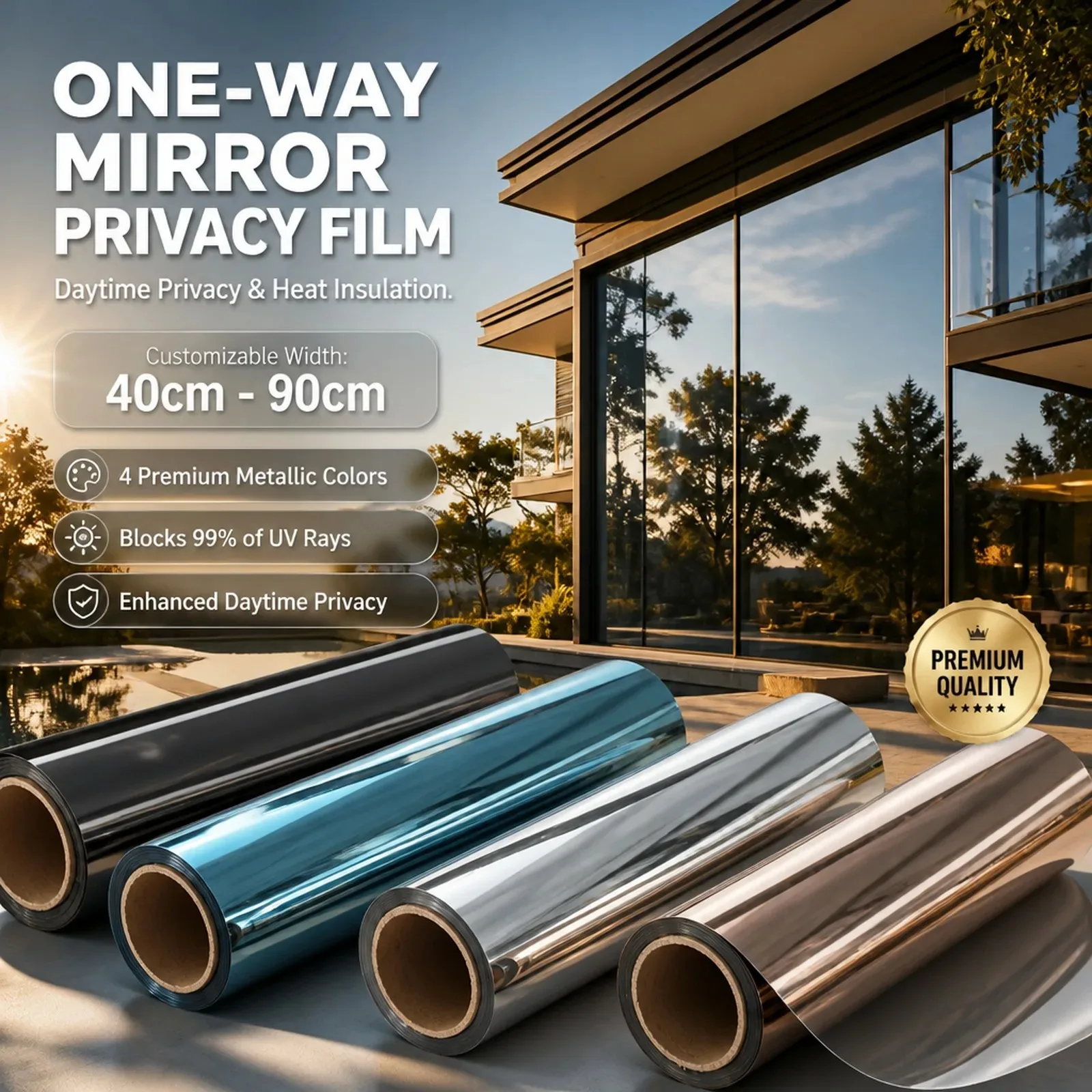 One Way Mirror Window Privacy Film Daytime Anti UV Sun Blocking Heat Control Reflective Window Tint for Home Office Living Room