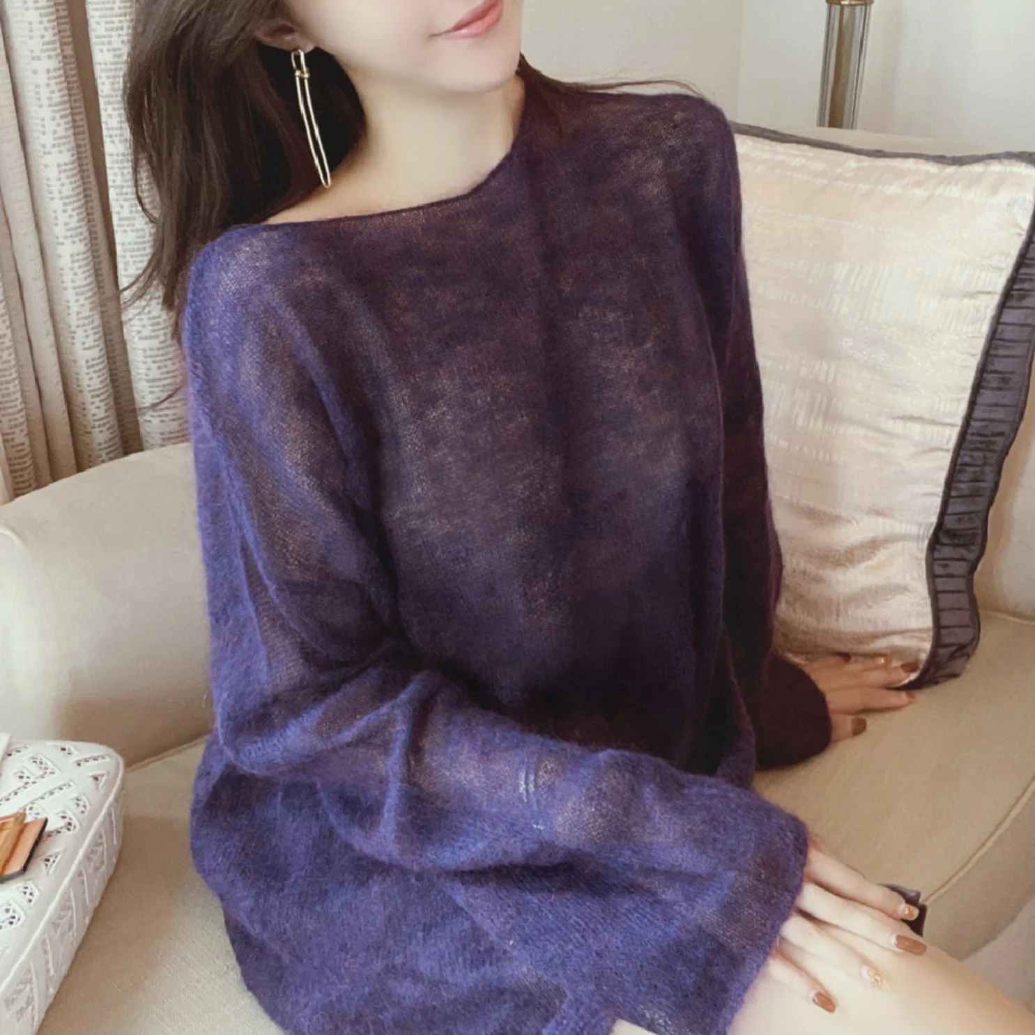 

Потрясающий вязаный свитер Lazy Faionable Purple Mis Camere Woolen Long Sve Crew Ne Повседневный свободный женский топ