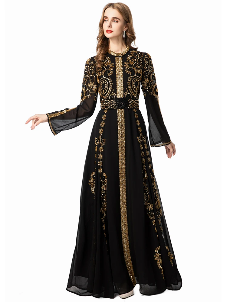 DSFACAIRIJ Vestido largo negro con cuentas para mujer, cuello levantado, manga larga, con cordones, vestido de fiesta Vintage para otoño, moda femenina