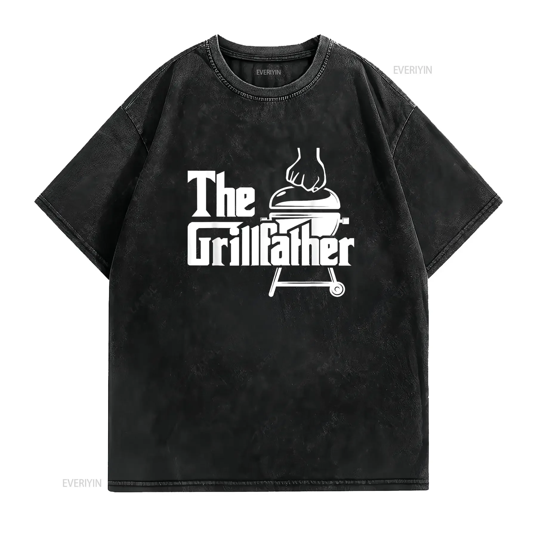 تي شيرت The Grillfather Pitmaster BBQ Lover Smoker Grilling Dad تي شيرت عتيق مغسول وممتد موضة ملابس الشارع الشهير للجنسين