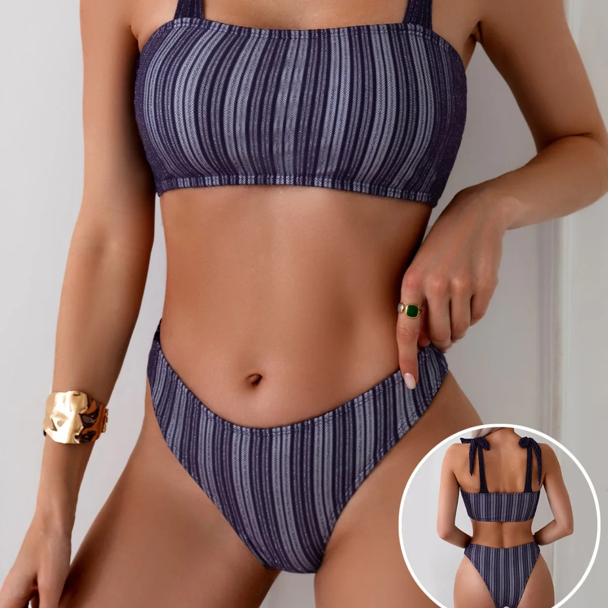 

Bathing Suit Women European And American Swimwear Sexy Tight Striped Women's Split Bikini Swimsuit Set