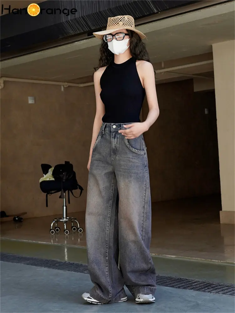 HanOrange 2024 Summer Vintage Personalized High Waist Wide Leg Jeans Women Casual Denim Pants Female Rust