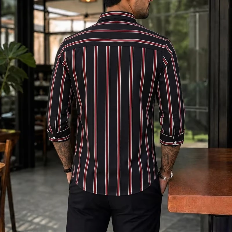 Men's Casual Striped Button-Up Shirt Comfortable Breathable Classic Vertical Striped Three Quarter Length Sleeve Collared Shirts