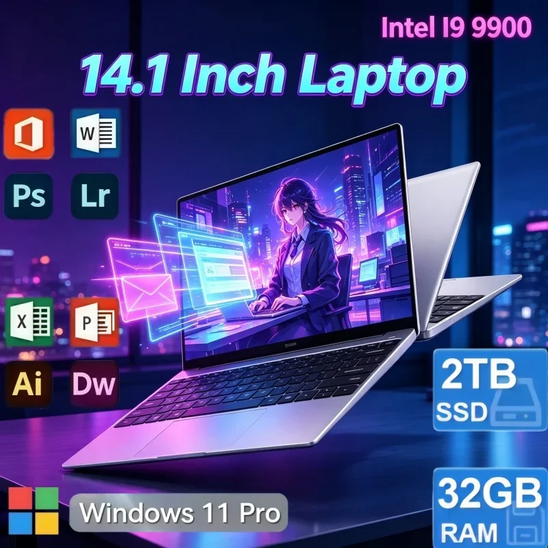 2026 Hot Trend 14.1'' High‑Speed Notebook PC Intel Core i9‑9900 32GB RAM 2TB SSD Windows 11 Light Laptop For Daily Office Use