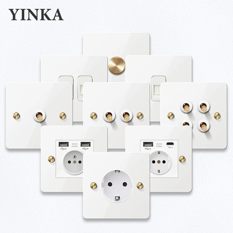 

YNKA Настенный выключатель из нержавеющей стали, белая панель с золотым переключателем, AC110–250 В, прочный устойчивый к царапинам декоративный настенный выключатель