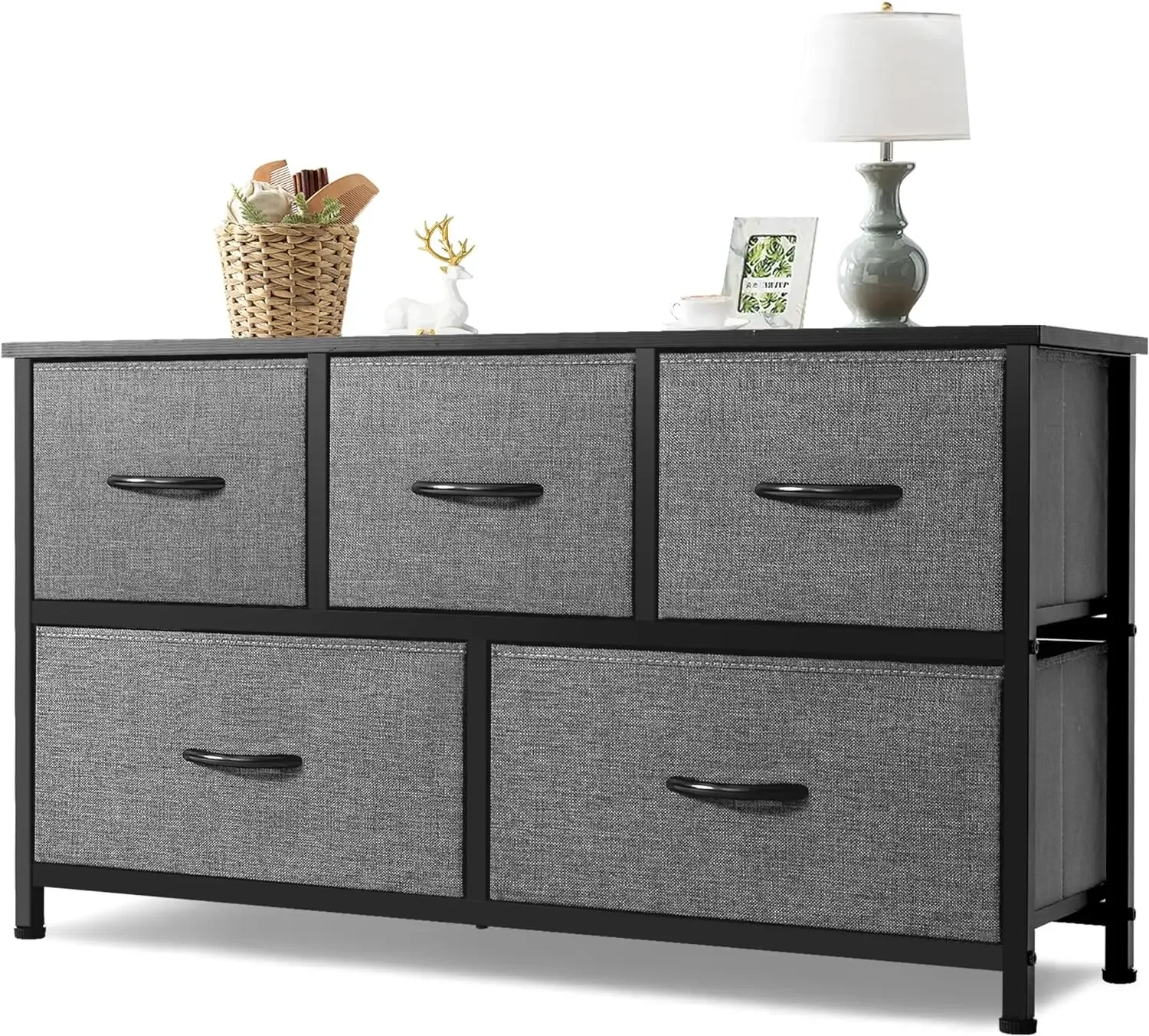 

2024 USA Extra Wide Dresser Storage Tower W/Sturdy Steel Frame, 5 Drawers of Easy-Pull Fabric Bins, Hallway, Entryway, Dark Grey