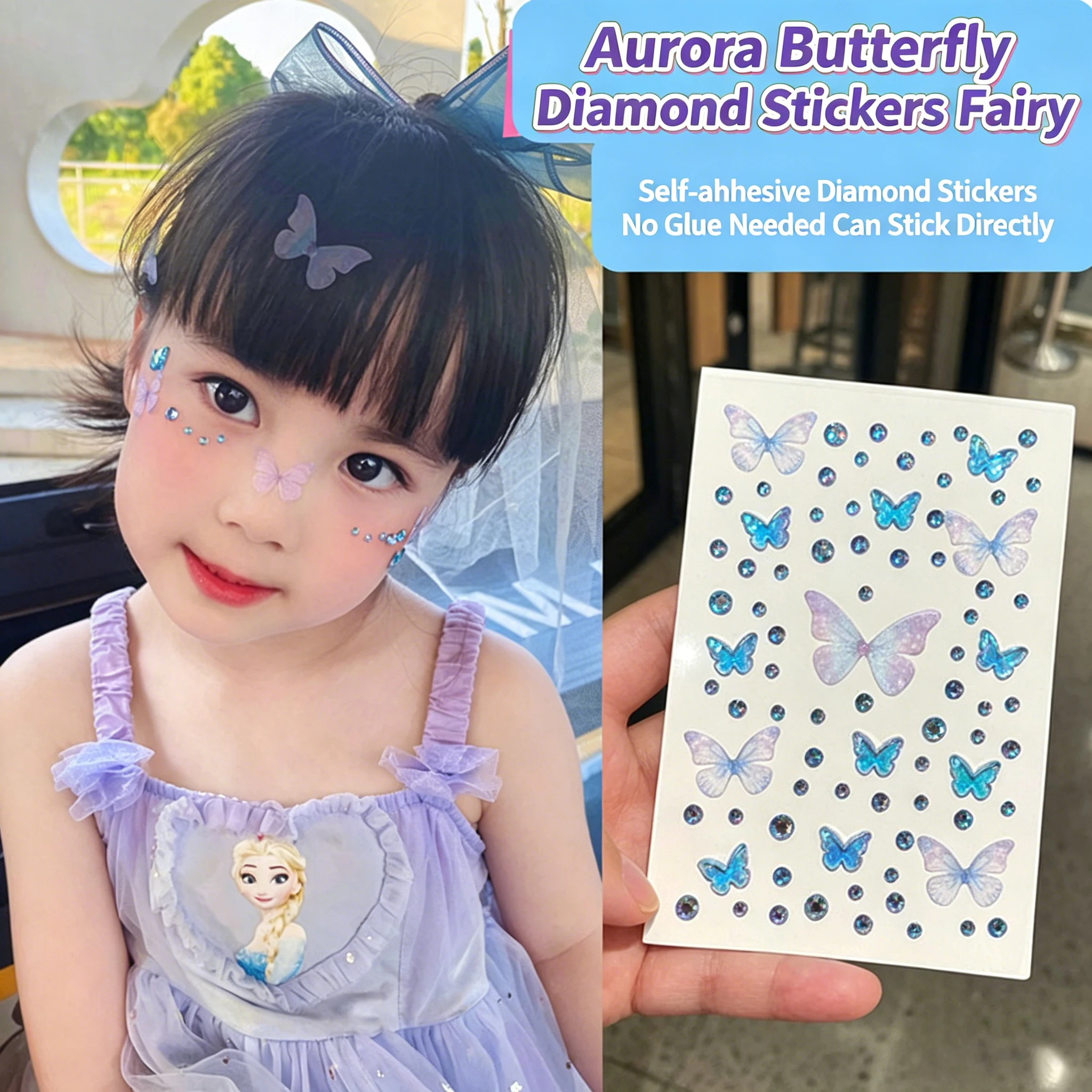 Cartoon Butterfly Rhinestone Face Stickers For Kids, Self Adhesive No Glue Design, Cute Beauty Decor For Girls Stage Performance