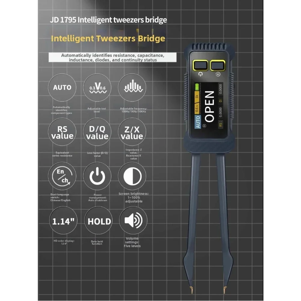 Multímetro de pinça JD1795 LCR para medir fator de qualidade e características elétricas para componentes SMD
