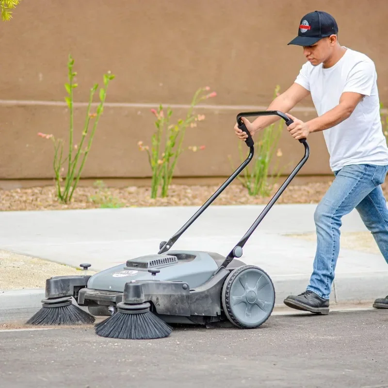 Tomahawk Industrial 38" Walk Behind Push Sweeper with Triple Power Side Brooms Floor Cleaning of Dust Litter Grass