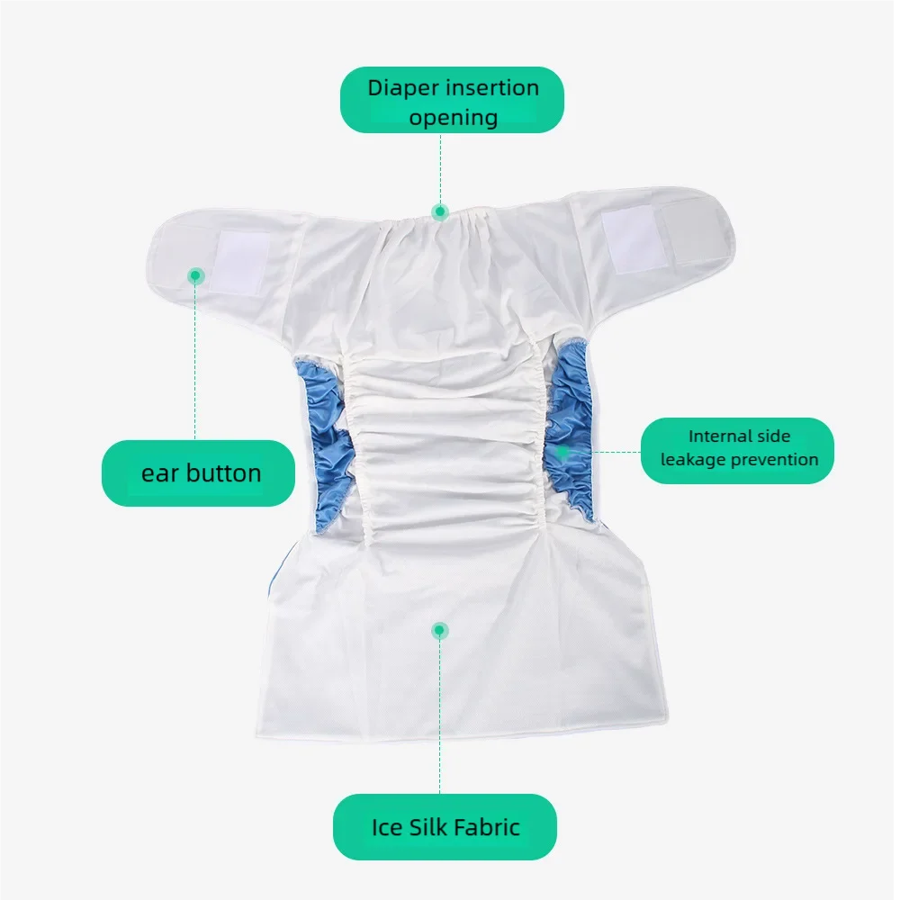 Pieluchy wielorazowe dla dorosłych z możliwością prania - z jedwabiu lodowego i miękkiej podszewki z zamszu, chłonne wkładki z zapięciem na rzepy, zapinane na rzepy i haczyki.