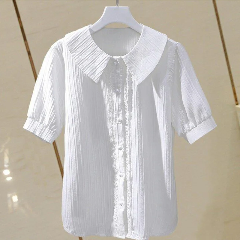 Elegant Peter Pan Collar Spliced All-match Ruffles Shirt Female Clothing 2023 Summer New Casual Tops Loose Office Lady Blouse