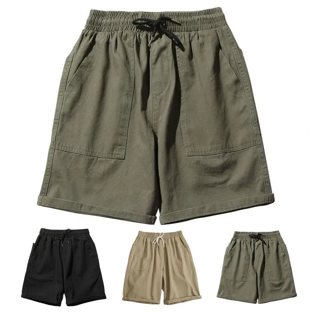 

Men Shorts Elastic Waist Men's Cargo Shorts Adjustable Drawstring Reinforced Pockets Wide Leg Running Shorts Men Solid Color