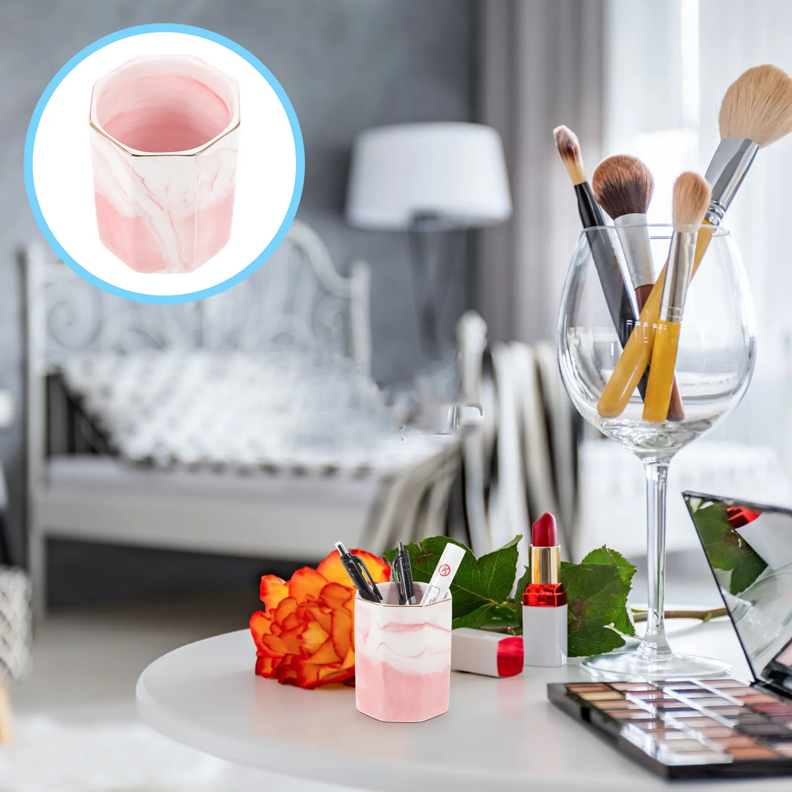 

Мраморная подставка для ручек с гладкой полированной поверхностью, настольный органайзер, держатель для карандашей, контейнер для кистей для макияжа, стакан для ручек для офисного стола