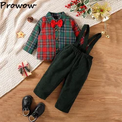 Baby Boy Christmas Outfits Party Gentleman Necktie Plaid Shirts and Green Corduroy Overalls Pants Kids New Year Toddler Costume