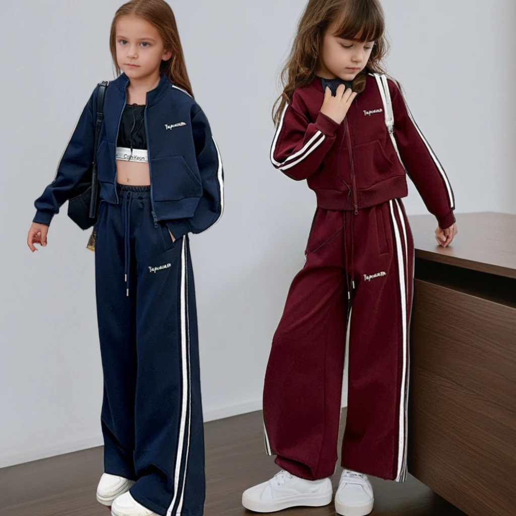 

School Girls Tracksuit Spring New Blue Zipper Outerwear Wide Leg Pants 2-piece Teen Kids Sportswear Casual Children Clothing Set