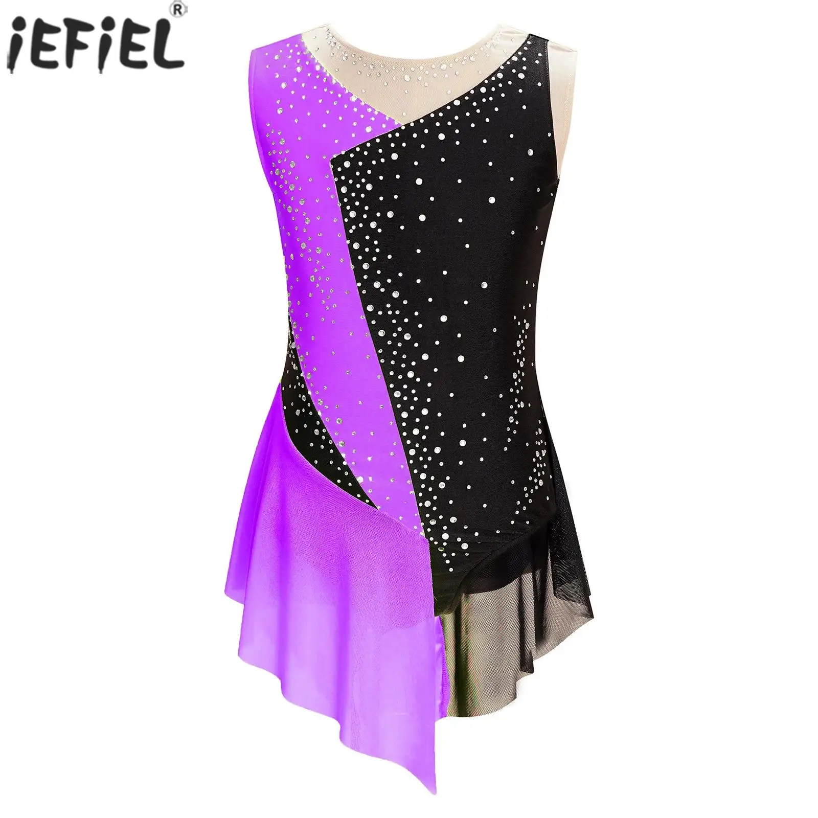 Kids Girls Ballet Dance Leotard Dress Gymnastic Figure Skating Costume Sleeveless Shiny Rhinestone Sheer Mesh Bodysuit Dancewear