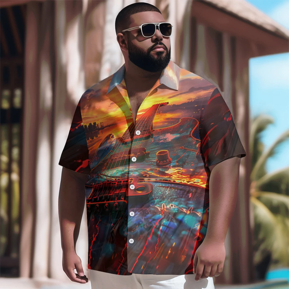 Sunset Creative Guitar Coast Printed New Hawaiian Shirt Men Casual Short Sleeve Tops Plus Size Summer Shirts