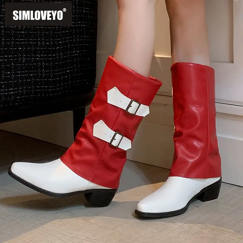 

SIMLOVEYO брендовый дизайн, женские ботинки до середины икры с квадратным носком, на массивном каблуке 5 см, без шнуровки, с пряжкой на ремне, разные цвета, большие размеры 42, зима