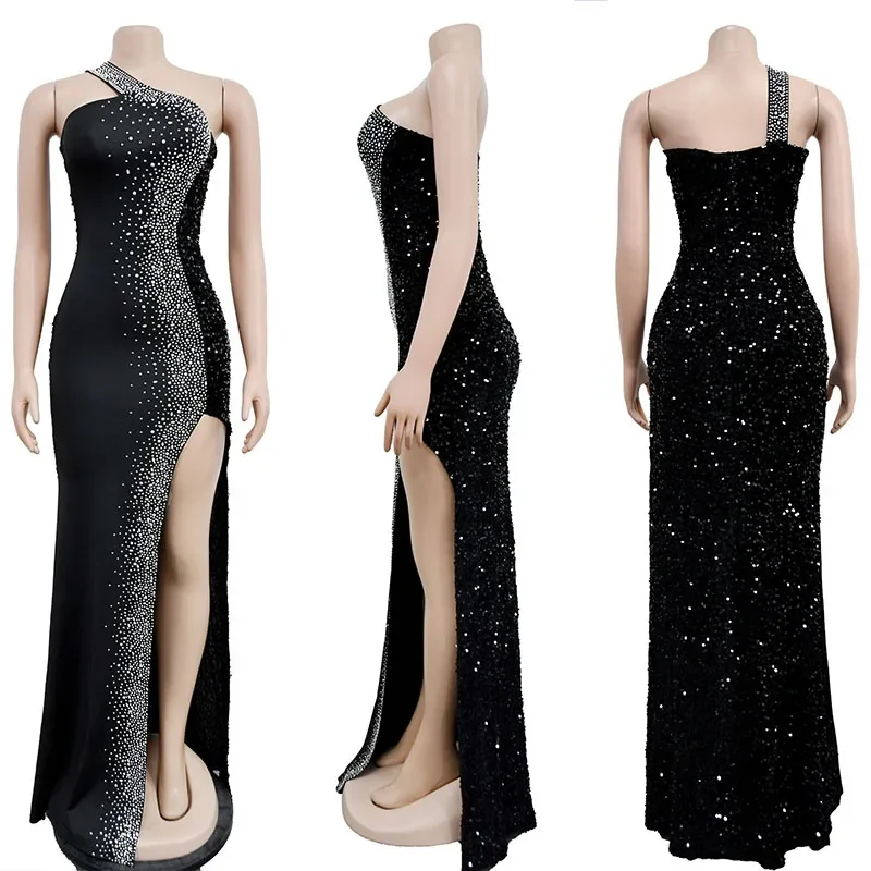 Luxury Sparkly High Split Mermaid Long Dresses for Women Evening Wedding Celebrity Sequined Diamonds Nightclub Party Maxi Dress