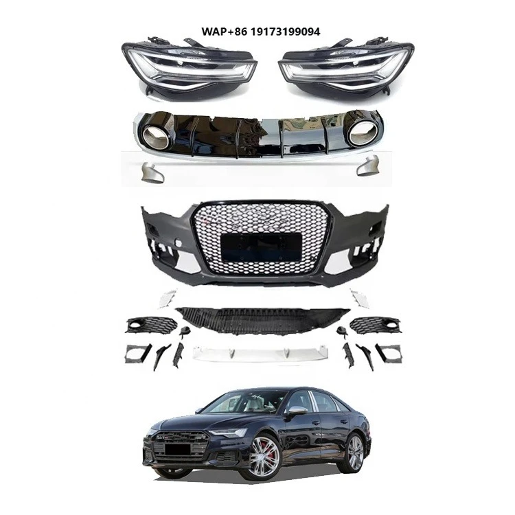 

New High Quality PP Material Front Bumper Rear Lip Grille Headlights RS6 Style Bolt-On Plug+Play Body Kit for Audi-A6 S6 C7 C7.5