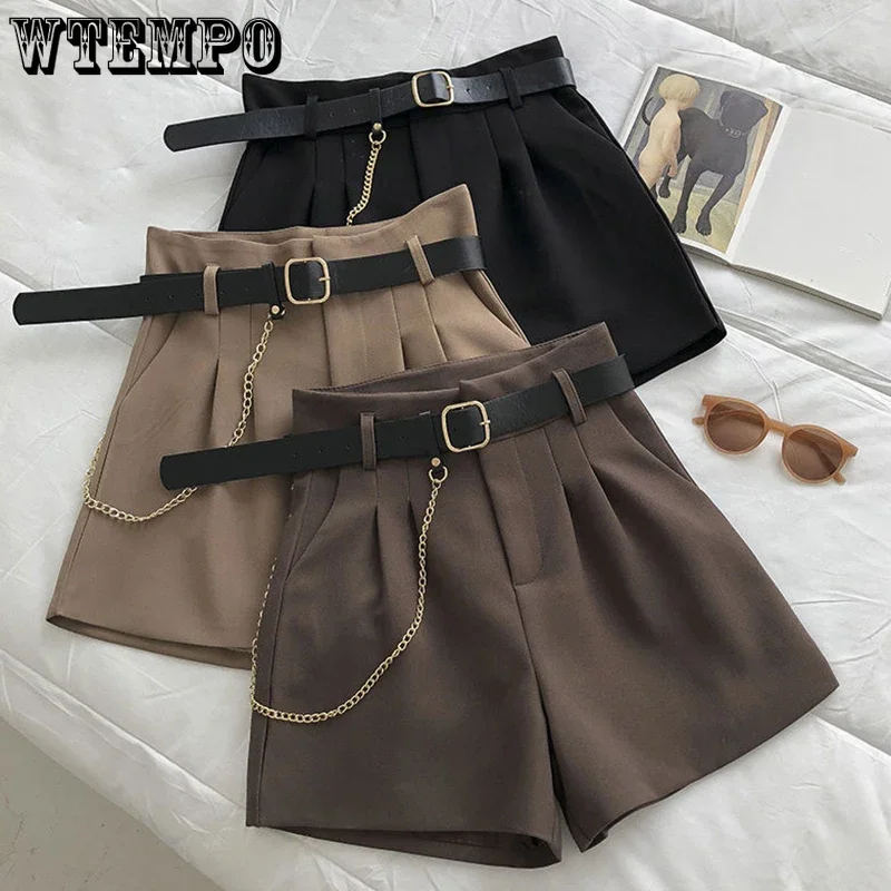 WTEMPO Women New Fashion High Waist A-line Wide Leg Short Pants with Belt Spring Fall Loose Casual Thin Solid Tailored Shorts