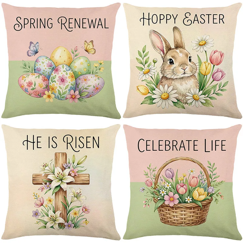 Easter Bunny Cushion Covers 45 x 45 cm Spring Rabbit Eggs Decor for Sofa Bed Home Decor Set of 4