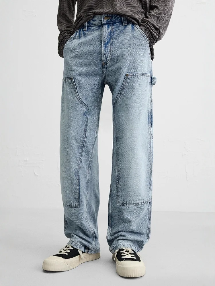 New Spring Summer Men's Denim Jeans Multi-Color Washed Straight Leg Pocket Decorated Casual Cotton Trousers Fashionable Urban...