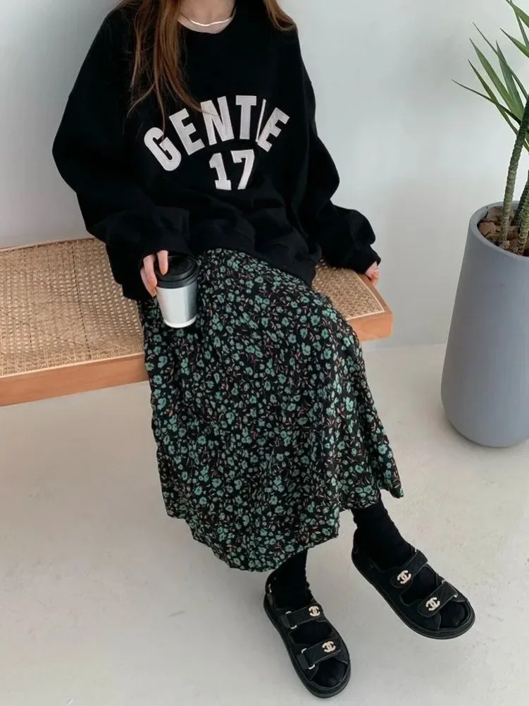 2024 New Vintage Green Flower Print Skirt for Women Summer New High Waist Lazy Skirts Y2k E-Girl Mid-length Loose Faldas Mujer