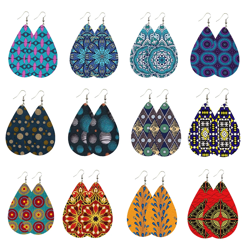 12Pairs African Tribal Print Fabric Design Wooden Tear Drop Earrings Afro Ethinc Pendant Ankara Dangle Jewelry For Women Gifts