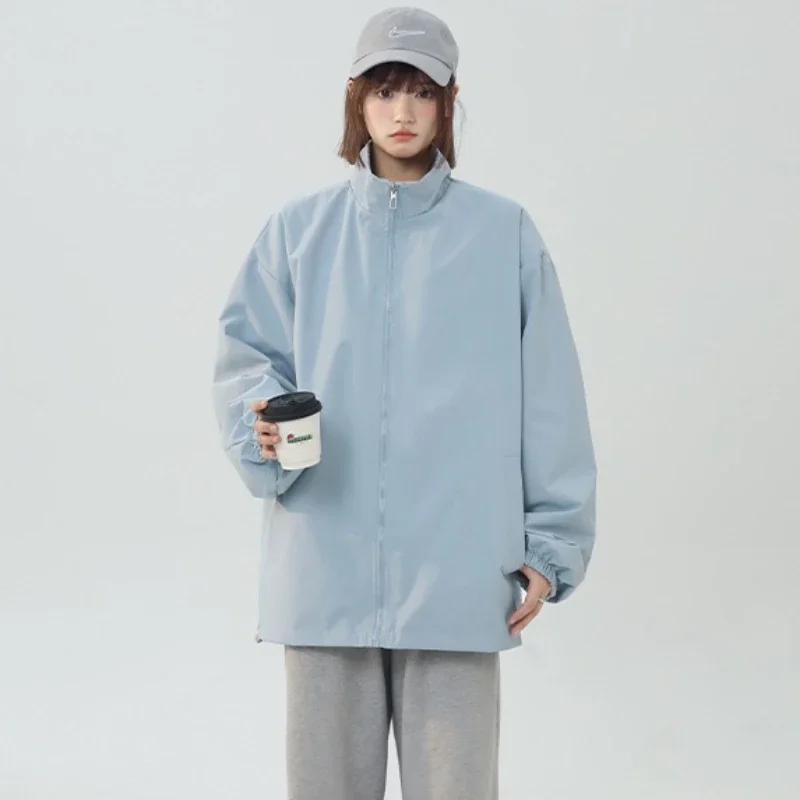 Plaid Stand Collar Jacket Women's Two Side Wear Outdoor Plaid Jackets Women 2025 Autumn Casual Thin Solid Color Workwear Coat