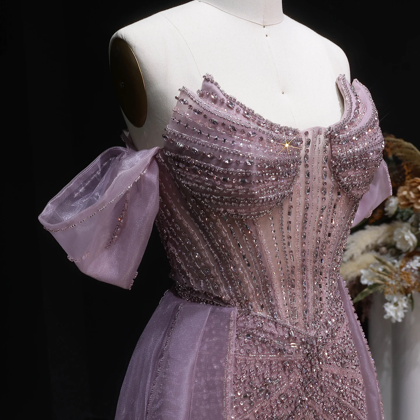 Sharon Said Elegantes Schulterfreies Abendkleid mit Überrock, Luxuriöses Perlenbesetztes Meerjungfrauenkleid für Arabische Damen, Formelle Partykleider SS120 Maßanfertigung – Detail 8