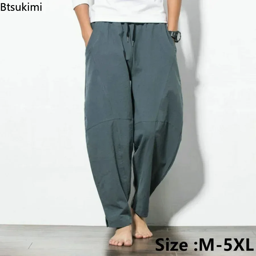 

Мужские повседневные брюки из хлопка и льна 2026, свободные шаровары, однотонные брюки для мужчин на весну-лето, пляжные штаны больших размеров до 5XL