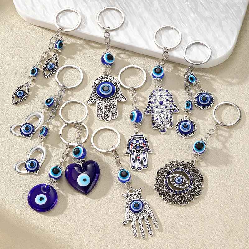 Hollow Flower Blue Evil Eyes Hamsa Hand Keychains For Women Men Punk Vintage Heart Round Turkish Lucky Eye Fatima Hands Key Ring