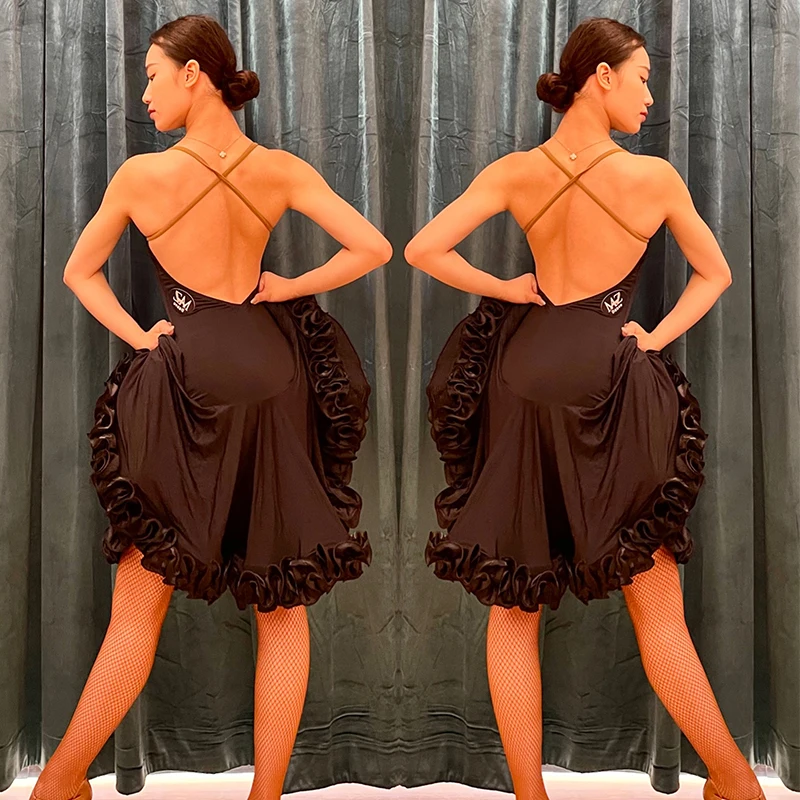 Luipaardprint Dansjurk Volwassen Mouwloos Open Rug Sexy Jurken Vrouwen Rumba Cha Cha Prestaties Outfit Latin Stadium Slijtage 1770