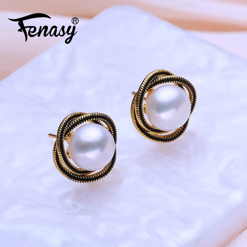 FENAS Natural Freshwater Pearl Earrings For Women Fashion Gold Color Stud Earrings Birthday Gift Wholesale