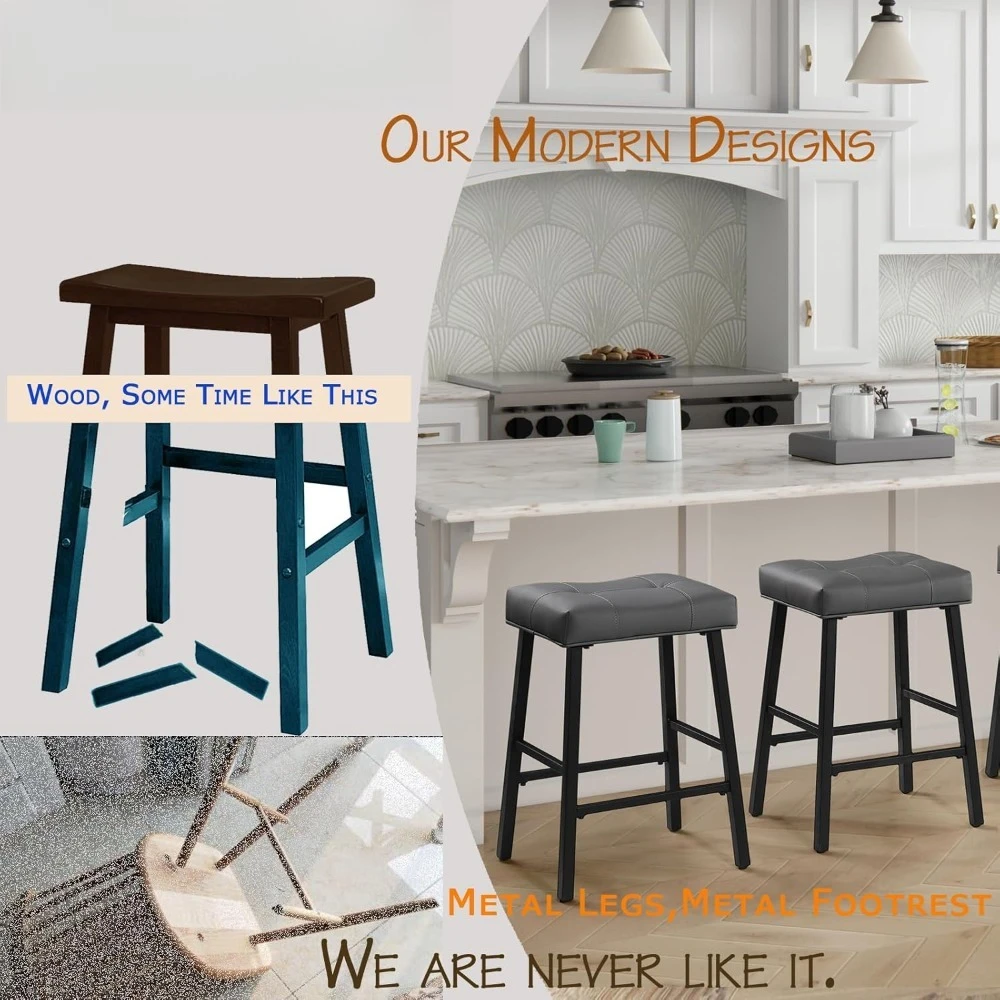 Counter Height Bar Stools Set of 2, 24 Inch Backless Saddle Bar Stools, Upholstered Padded Gray Barstools for Kitchen Counter, H