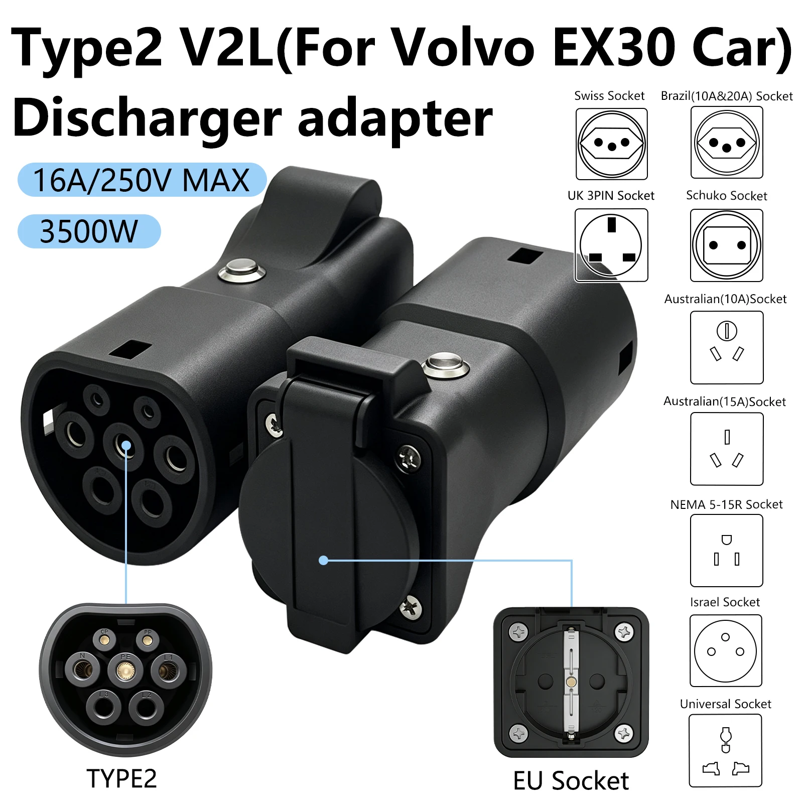 EV Type2 V2L Discharger Adapter 16A 3.5KW Universal Socket Vehicle‑To‑Load Power Output For Volvo EX30 Camping Emergency Use