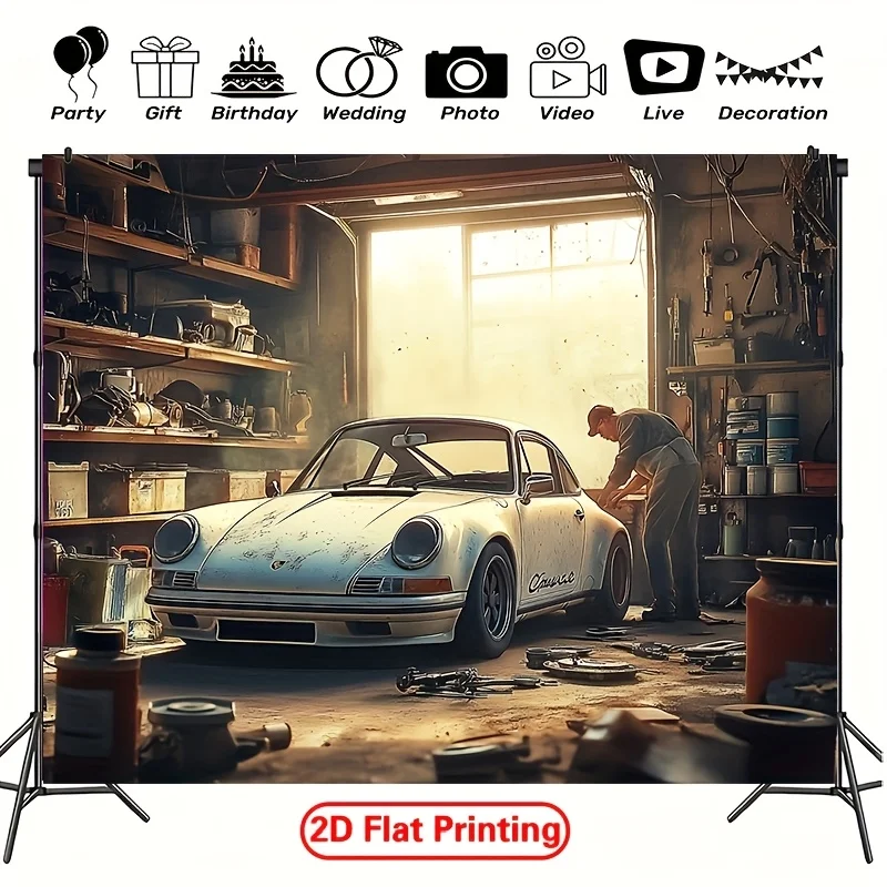【2D Flat Banner】 1 Stück Retro-Supercar-Garage-Fotografie-Hintergrundstoff und Party-Banner aus Polyesterstoff